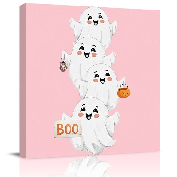 Wall Art Prints, Halloween Framed Canvas Prints for Bedroom Living Room Bathroom Office, Cartoon Cute Ghost Fall Pumpkins Gallery Wrap Wall Art Poster for Gifts Home Decor 16"x16"