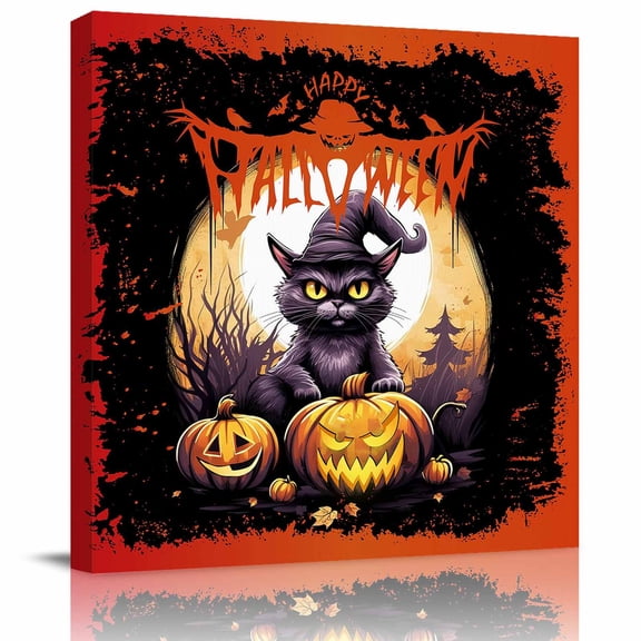 Wall Art Prints, Halloween Framed Canvas Prints for Bedroom Living Room Bathroom Office, Horror Black Cat Pumpkin Moon Night Black Red Gallery Wrap Wall Art Poster for Gifts Home Decor 8"x8"