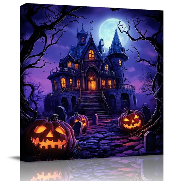 Wall Art Prints, Halloween Framed Canvas Prints for Bedroom Living Room Bathroom Office, Horror Pumpkins Halloween Dark Castle Purple Gallery Wrap Wall Art Poster for Gifts Home Decor 8"x8"