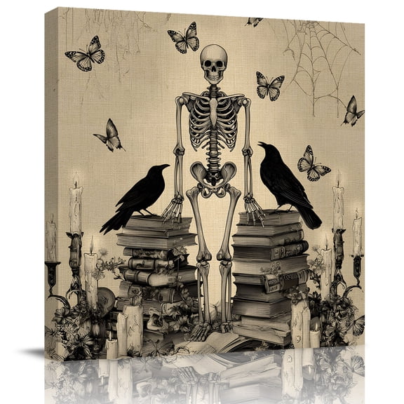 Wall Art Prints, Halloween Skeleton Framed Canvas Prints for Bedroom Living Room Bathroom Office, Butterfly Crow Retro Horror Skull Gallery Wrap Wall Art Poster for Gifts Home Decor 28"x28"