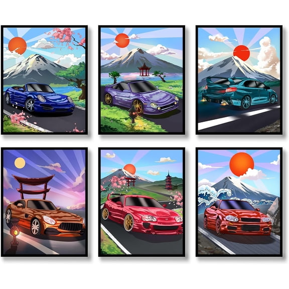 Wall Art Prints Japan Village Racing Wall Decor Fashion Modern Car Posters Skyline Mount Fuji Car Illustration Canvas Art Painting for Living Room Kids Room Wall Decoration (8"x10" UNFRAMED)