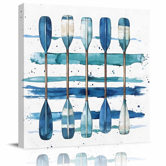 Wall Art Prints, Lake Paddles Framed Canvas Prints for Bedroom Living Room Bathroom Office, Summer Watercolor Teal Blue Striped Gallery Wrap Wall Art Poster for Gifts Home Decor 12"x12"