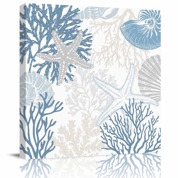 Wall Art Prints, Light Blue Coastal Framed Canvas Prints for Bedroom Living Room Bathroom Office, Grey Beige Coral Starfish Nautical Gallery Wrap Wall Art Poster for Gifts Home Decor 8"x8"