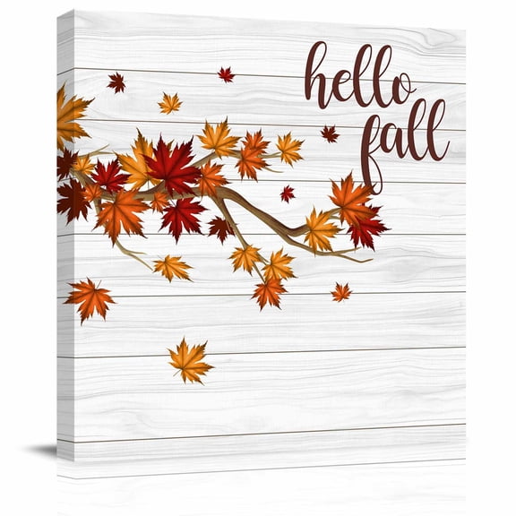 Wall Art Prints, Maple Leaves Fall Framed Canvas Prints for Bedroom Living Room Bathroom Office, Thanksgiving Botanical Branches Wooden Gallery Wrap Wall Art Poster for Gifts Home Decor 8"x8"