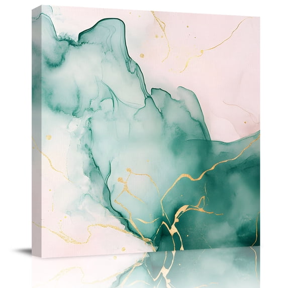 Wall Art Prints, Marble Green Framed Canvas Prints for Bedroom Living Room Bathroom Office, Pink Gold Modern Foil Glitter Wavy Art Gallery Wrap Wall Art Poster for Gifts Home Decor 28"x28"