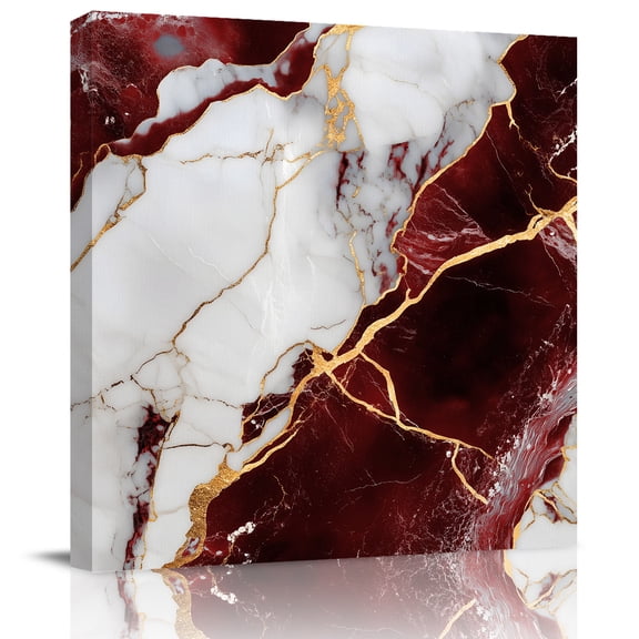 Wall Art Prints, Marble Red Framed Canvas Prints for Bedroom Living Room Bathroom Office, Modern Abstract Gold White Brick Stone Motif Gallery Wrap Wall Art Poster for Gifts Home Decor 8"x8"