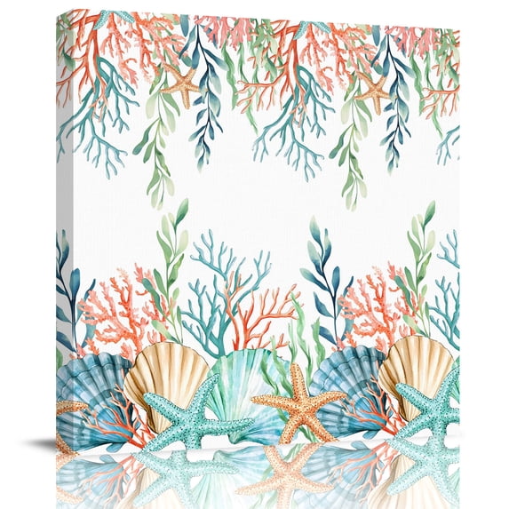 Wall Art Prints, Marine Life Framed Canvas Prints for Bedroom Living Room Bathroom, Nautical Underwater Coral Shell Starfish Watercolor Gallery Wrap Wall Art Poster for Gifts Home Decor 24"x24"