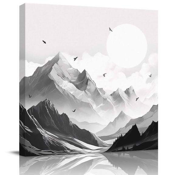 Wall Art Prints, Mountain Framed Canvas Prints for Bedroom Living Room Bathroom Office, Eagle Sky Cloud Black and White Landscape Gallery Wrap Wall Art Poster for Gifts Home Decor 8"x8"