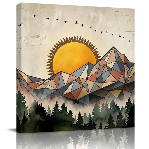 Wall Art Prints, Mountains Abstract Framed Canvas Prints for Bedroom Living Room Bathroom Office, Forest Sunset Modern Geometric Gallery Wrap Wall Art Poster for Gifts Home Decor 8"x8"