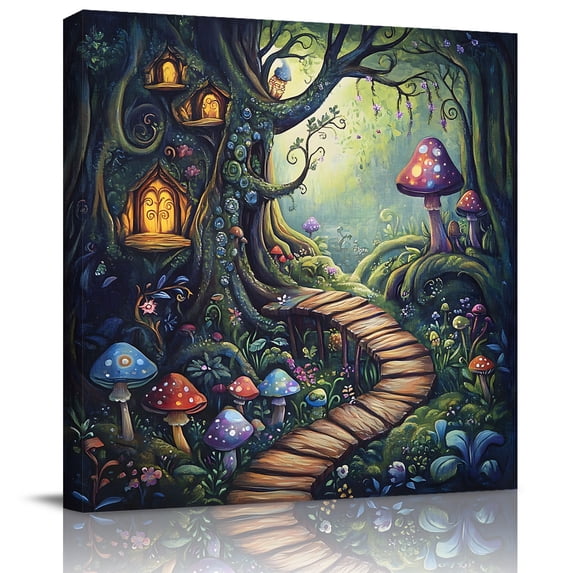Wall Art Prints, Mushroom Framed Canvas Prints for Bedroom Living Room Bathroom Office, Dream Forest Wooden Cottage Floral Plant Gallery Wrap Wall Art Poster for Gifts Home Decor 20"x20"