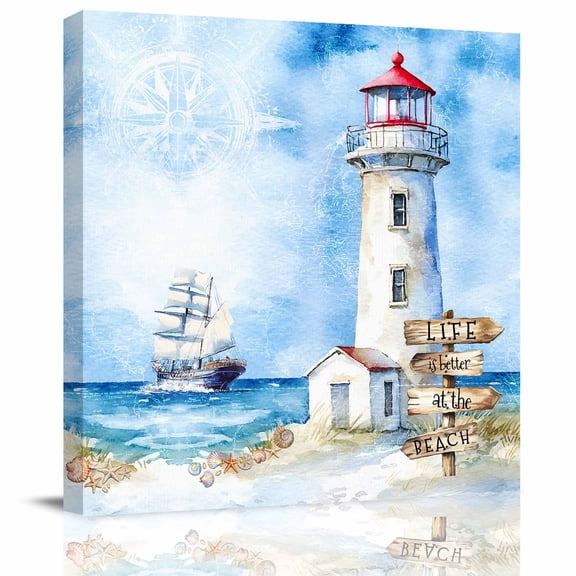Wall Art Prints, Nautical Blue Framed Canvas Prints for Bedroom Living Room Bathroom Office, Lighthouse Ocean Sailboat Summer Painting Gallery Wrap Wall Art Poster for Gifts Home Decor 12"x12"