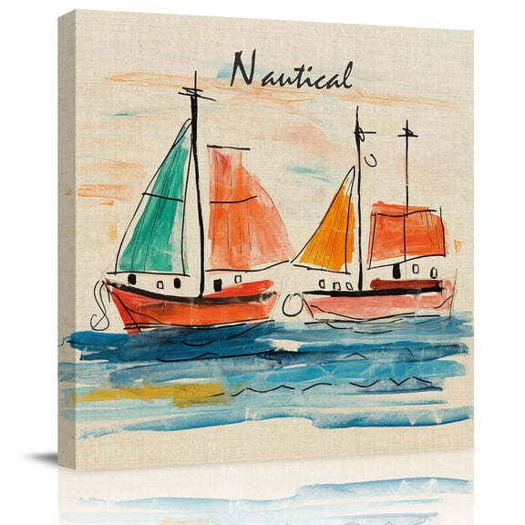 Wall Art Prints, Nautical Boat, Framed Canvas Prints for Bedroom Living Room Bathroom Office, Coastal Sailing Ship Ocean Painted Sea Gallery Wrap Wall Art Poster for Gifts Home Decor 28"x28"