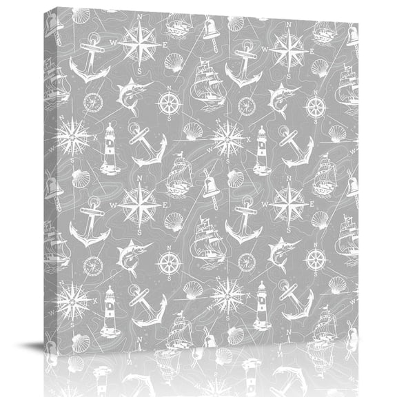 Wall Art Prints, Nautical Grey Framed Canvas Prints for Bedroom Living Room Bathroom Office, Retro Sailing Boat Map Anchor Rudder Gallery Wrap Wall Art Poster for Gifts Home Decor 28"x28"