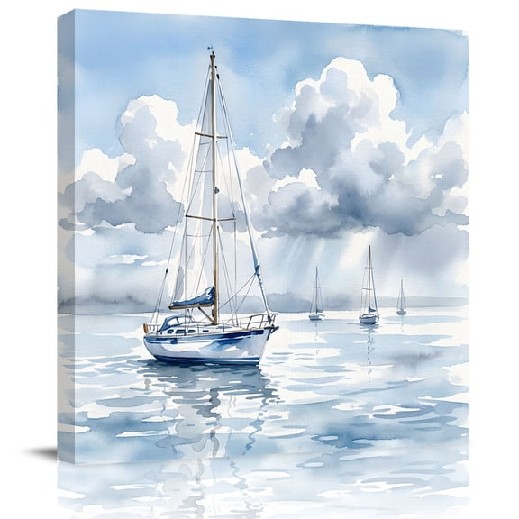 Wall Art Prints, Nautical Sailboat Framed Canvas Prints for Bedroom Living Room Bathroom Office, Blue Grey Watercolor Coastal Waves Cloud Gallery Wrap Wall Art Poster for Gifts Home Decor 8"x8"