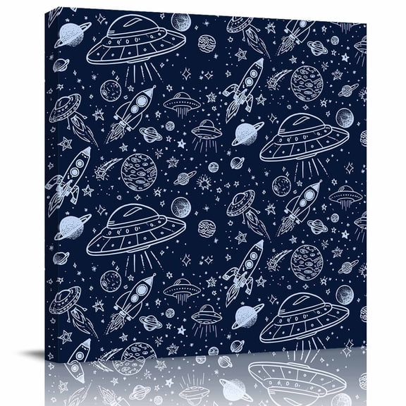 Wall Art Prints, Navy Blue Cartoon Space Framed Canvas Prints for Bedroom Living Room Bathroom Office, Star Spacecraft Rocket Meteorite Gallery Wrap Wall Art Poster for Gifts Home Decor 20"x20"