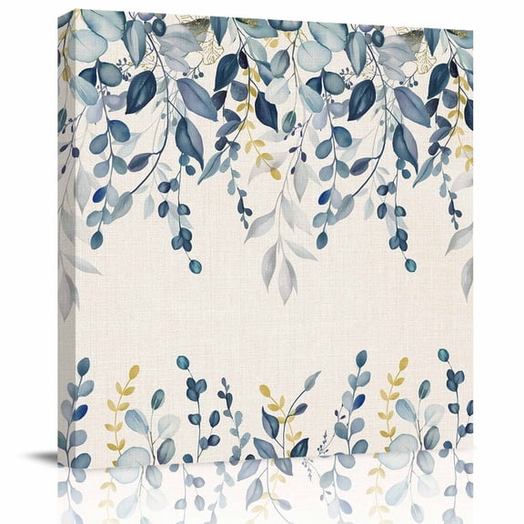 Wall Art Prints, Navy Blue Eucalyptus Framed Canvas Prints for Bedroom Living Room Bathroom Office, Farmhouse Weeping Leaves Linen Gallery Wrap Wall Art Poster for Gifts Home Decor 8"x8"