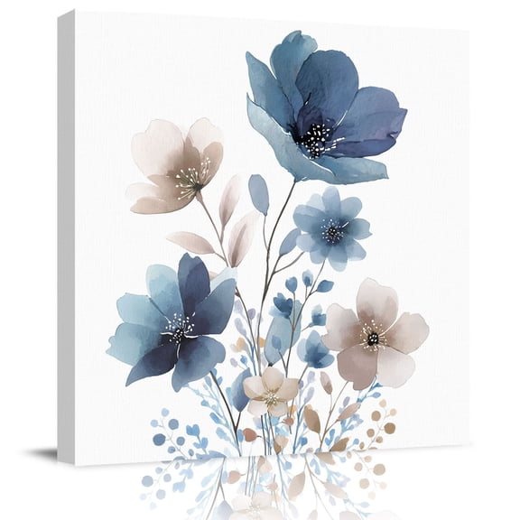 Wall Art Prints, Navy Blue Floral Framed Canvas Prints for Bedroom Living Room Bathroom Office, Watercolor Flowers Farmhouse Gallery Wrap Wall Art Poster for Gifts Home Decor 8"x8"