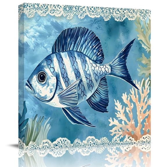 Wall Art Prints, Ocean Blue Fish Framed Canvas Prints for Bedroom Living Room Bathroom Office, Summer Coastal Coral Seaweed Gallery Wrap Wall Art Poster for Gifts Home Decor 24"x24"