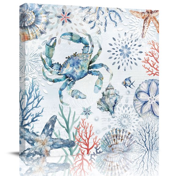 Wall Art Prints, Ocean Crab Framed Canvas Prints for Bedroom Living Room Bathroom Office, Summer Coastal Coral Flower Shells Gallery Wrap Wall Art Poster for Gifts Home Decor 8"x8"