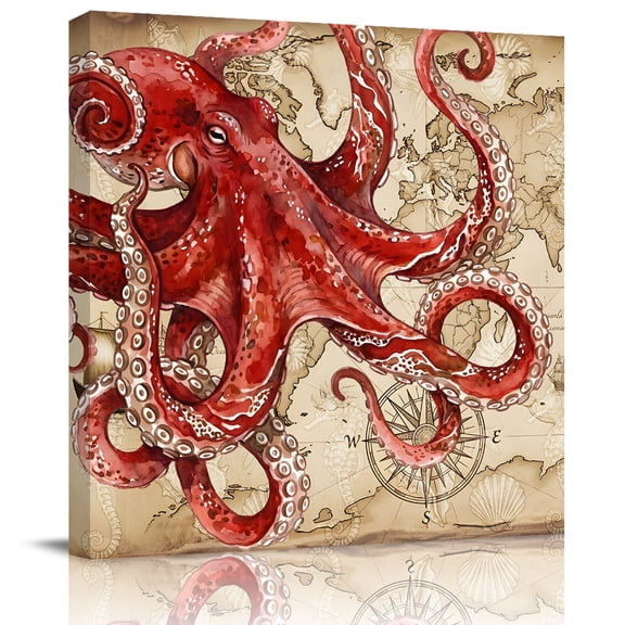 Wall Art Prints, Ocean Red Octopus Framed Canvas Prints for Bedroom Living Room Bathroom Office, Coastal Anchor Sea Boat Retro World Map Gallery Wrap Wall Art Poster for Gifts Home Decor 8"x8"
