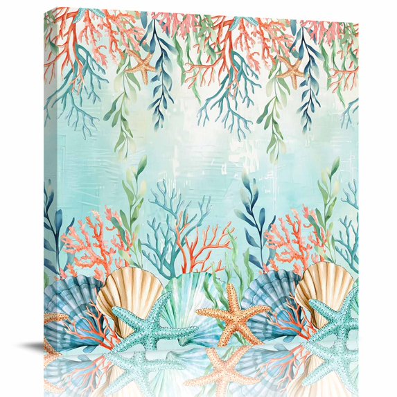 Wall Art Prints, Ocean Starfish Seaweed Framed Canvas Prints for Bedroom Living Room Bathroom Office, Summer Coastal Beach Shell Coral Teal Gallery Wrap Wall Art Poster for Gifts Home Decor 12"x12"