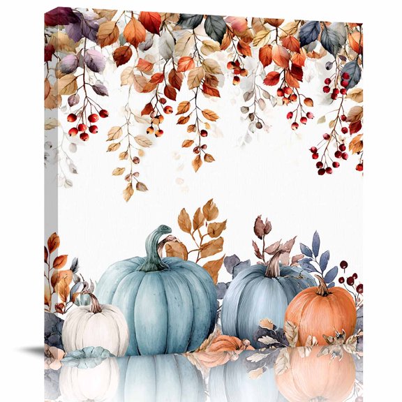 Wall Art Prints, Orange Blue Fall Framed Canvas Prints for Bedroom Living Room Bathroom Office, Thanksgiving Maple Leaf Botanical Gallery Wrap Wall Art Poster for Gifts Home Decor 28"x28"