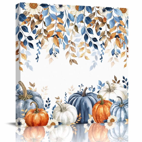 Wall Art Prints, Orange Blue Pumpkins Fall Framed Canvas Prints for Bedroom Living Room Bathroom Office, Thanksgiving Eucalyptus Leaf Autumn Gallery Wrap Wall Art Poster for Gifts Home Decor 28"x28"