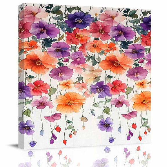 Wall Art Prints, Orange Flower Framed Canvas Prints for Bedroom Living Room Bathroom Office, Pastoral Pastel Purple Pink Vine Flower Gallery Wrap Wall Art Poster for Gifts Home Decor 20"x20"