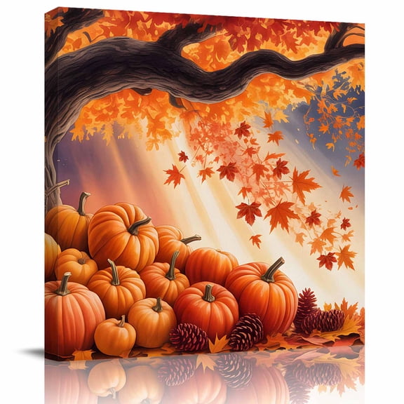 Wall Art Prints, Orange Pumpkins Fall Framed Canvas Prints for Bedroom Living Room Bathroom Office, Maple Leaves Sunlight Forest Country Gallery Wrap Wall Art Poster for Gifts Home Decor 8"x8"