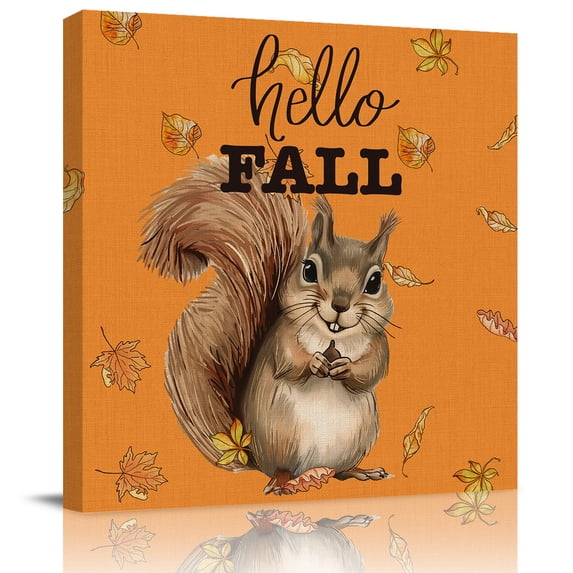 Wall Art Prints, Orange Squirrel Hello Fall Framed Canvas Prints for Bedroom Living Room Bathroom Office, Maple Leaf Thanksgiving Gallery Wrap Wall Art Poster for Gifts Home Decor 12"x12"