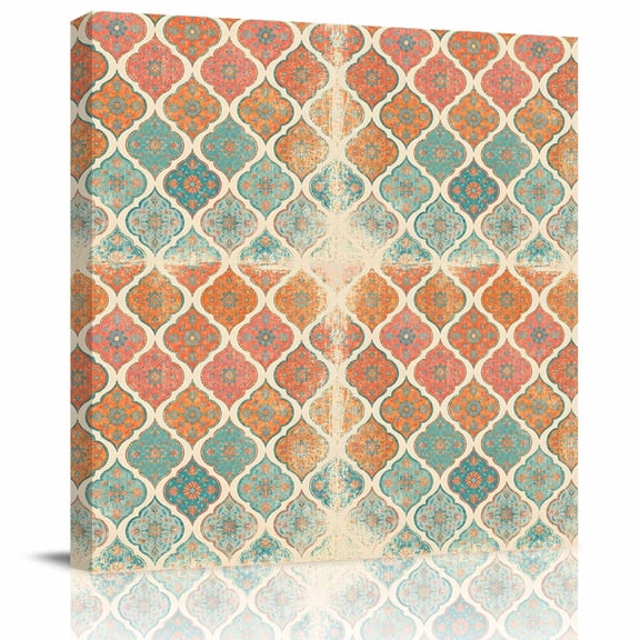 Wall Art Prints, Orange Teal Boho Framed Canvas Prints for Bedroom Living Room Bathroom Office, Morocco Vintage Abstract Geometric Gallery Wrap Wall Art Poster for Gifts Home Decor 24"x24"