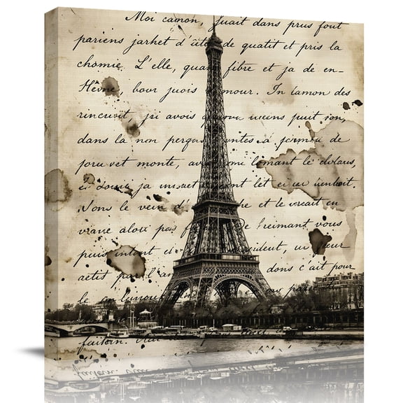 Wall Art Prints, Paris Tower Framed Canvas Prints for Bedroom Living Room Bathroom Office, Vintage Words Beige Grey Gallery Wrap Wall Art Poster for Gifts Home Decor 8"x8"