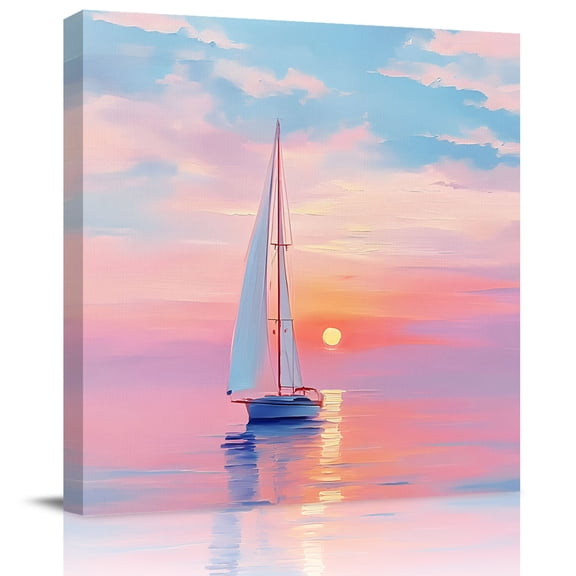 Wall Art Prints, Pink Blue Nautical Framed Canvas Prints for Bedroom Living Room Bathroom Office, Sunset Sailboat Ocean Coastal Gallery Wrap Wall Art Poster for Gifts Home Decor 20"x20"