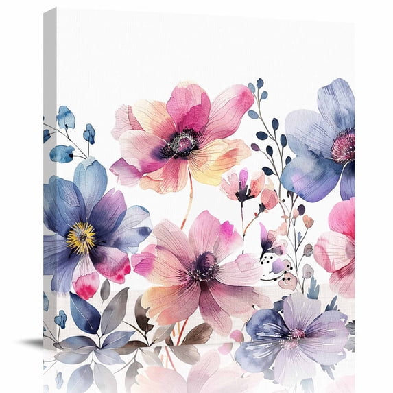 Wall Art Prints, Pink Blue Spring Floral Framed Canvas Prints for Bedroom Living Room Bathroom Office, Summer Botanical Watercolor Gallery Wrap Wall Art Poster for Gifts Home Decor 24"x24"
