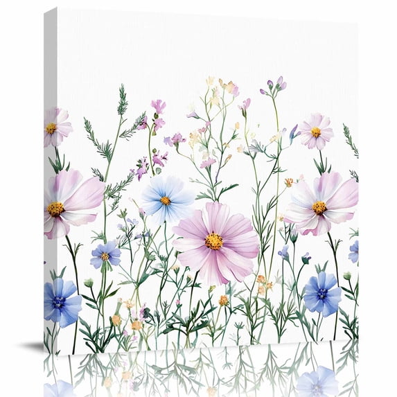 Wall Art Prints, Pink Blue Spring Floral Framed Canvas Prints for Bedroom Living Room Bathroom Office, Watercolor Elegant Botanical Gallery Wrap Wall Art Poster for Gifts Home Decor 12"x12"