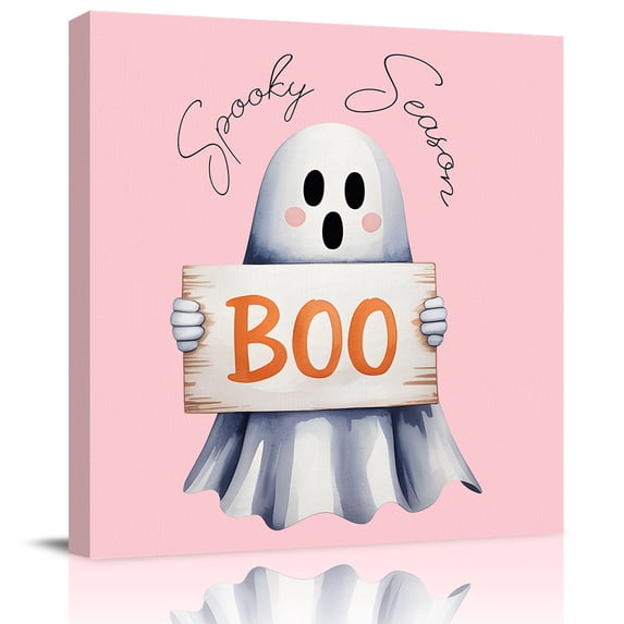 Wall Art Prints, Pink Halloween Framed Canvas Prints for Bedroom Living Room Bathroom Office, Cute Ghost Modern Art Gallery Wrap Wall Art Poster for Gifts Home Decor 20"x20"