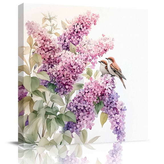 Wall Art Prints, Pink Lavender Bird Framed Canvas Prints for Bedroom Living Room Bathroom Office, Garden Floral Sparrow Flowers Leaf Gallery Wrap Wall Art Poster for Gifts Home Decor 16"x16"
