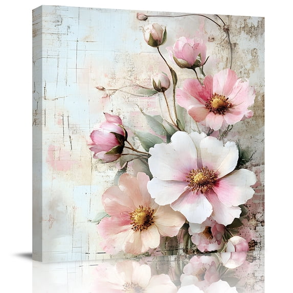 Wall Art Prints, Pink Spring Floral Framed Canvas Prints for Bedroom Living Room Bathroom Office, Vintage Botanical Retro Flowers Gallery Wrap Wall Art Poster for Gifts Home Decor 16"x16"