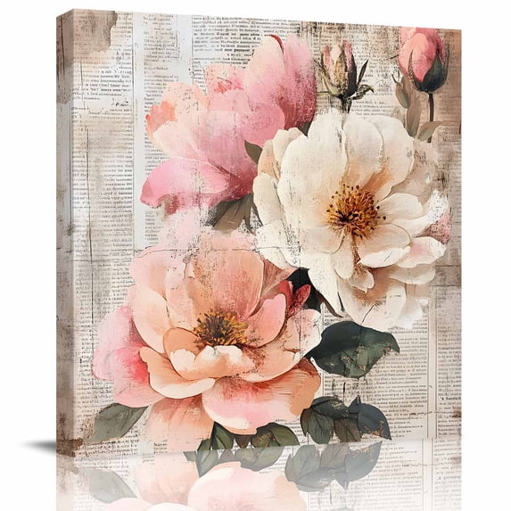 Wall Art Prints, Pink Spring Floral Framed Canvas Prints for Bedroom Living Room Bathroom Office, Vintage Pastoral Flowers Summer Botanical Gallery Wrap Wall Art Poster for Gifts Home Decor 8"x8"