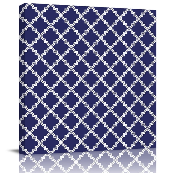 Wall Art Prints, Quatrefoil Moroccan Pattern Framed Canvas Prints for Bedroom Living Room Bathroom Office, Geometric Blue Morocco Gallery Wrap Wall Art Poster for Gifts Home Decor 28"x28"