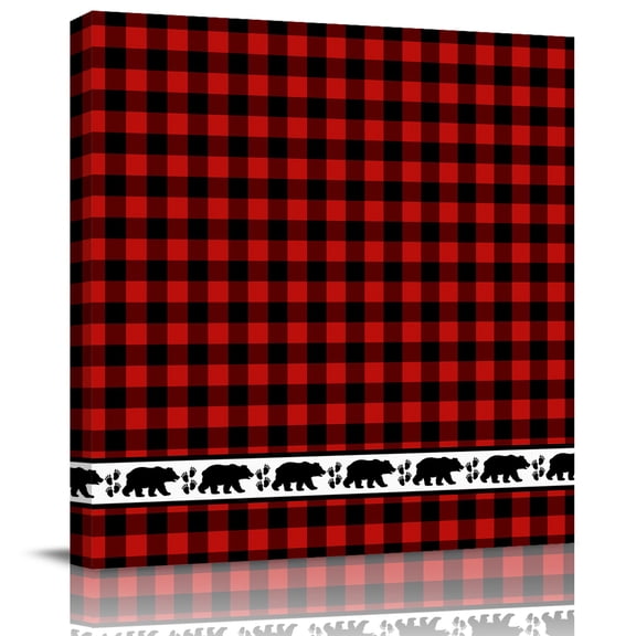 Wall Art Prints, Red Black Plaid Framed Canvas Prints for Bedroom Living Room Bathroom Office, Country Vintage Bear Buffalo Gingham Gallery Wrap Wall Art Poster for Gifts Home Decor 8"x8"