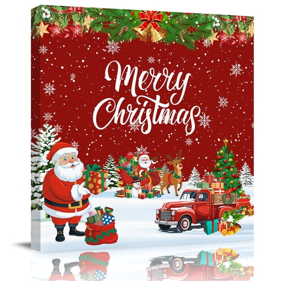 Wall Art Prints, Red Christmas Framed Canvas Prints for Bedroom Living Room Bathroom Office, Xmas Santa Truck Tree Snowflake Botanical Gallery Wrap Wall Art Poster for Gifts Home Decor 16"x16"
