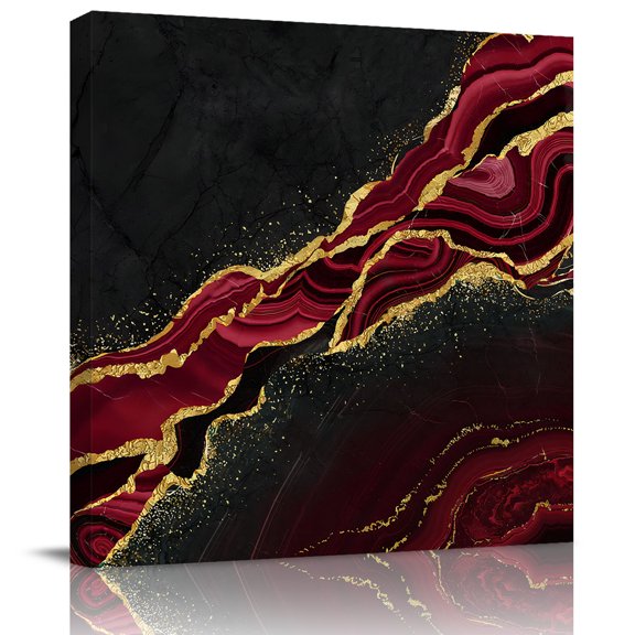 Wall Art Prints, Red Marble Framed Canvas Prints for Bedroom Living Room Bathroom Office, Gold Abstract Vintage Modern Ombre Art Gallery Wrap Wall Art Poster for Gifts Home Decor 24"x24"
