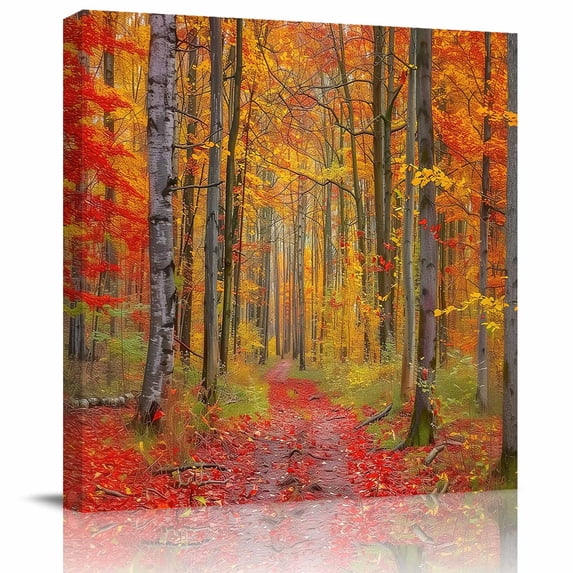 Wall Art Prints, Red Orange Forest Fall Framed Canvas Prints for Bedroom Living Room Bathroom Office, Thanksgiving Tree Maple Leaf Gallery Wrap Wall Art Poster for Gifts Home Decor 28"x28"