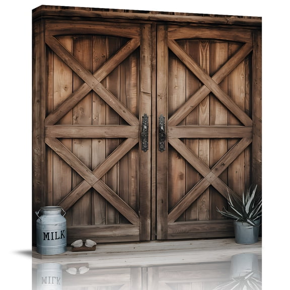 Wall Art Prints, Retro Brown Door Framed Canvas Prints for Bedroom Living Room Bathroom Office, Country Vintage Wooden Door Gallery Wrap Wall Art Poster for Gifts Home Decor 8"x8"