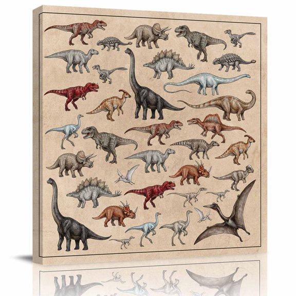 Wall Art Prints, Retro Dinosaurs Framed Canvas Prints for Bedroom Living Room Bathroom Office, Vintage Primitive Wild Animals Brown Gallery Wrap Wall Art Poster for Gifts Home Decor 8"x8"