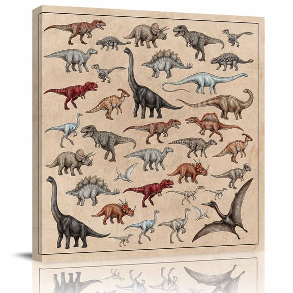 Wall Art Prints, Retro Dinosaurs Framed Canvas Prints for Bedroom Living Room Bathroom Office, Vintage Primitive Wild Animals Brown Gallery Wrap Wall Art Poster for Gifts Home Decor 28"x28"