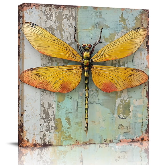 Wall Art Prints, Retro Dragonfly Framed Canvas Prints for Bedroom Living Room Bathroom Office, Vintage Abstract Oil Painting Gallery Wrap Wall Art Poster for Gifts Home Decor 28"x28"