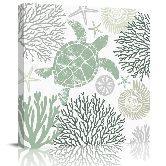 Wall Art Prints, Sage Green Coastal Turtle Framed Canvas Prints for Bedroom Living Room Bathroom Office, Ocean Coral Nautical Gallery Wrap Wall Art Poster for Gifts Home Decor 28"x28"