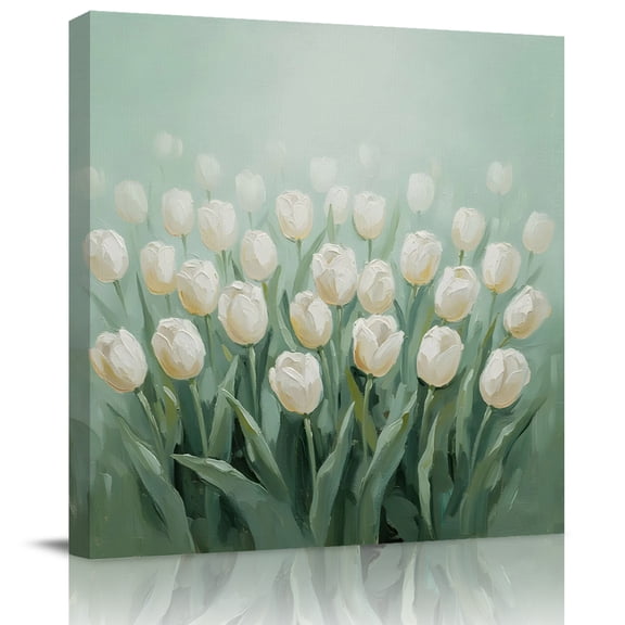 Wall Art Prints, Sage Green Floral Spring Framed Canvas Prints for Bedroom Living Room Bathroom Office, White Tulips Oil Painted Gallery Wrap Wall Art Poster for Gifts Home Decor 24"x24"